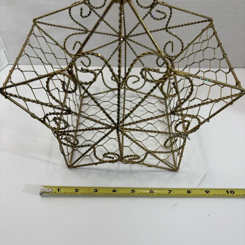 Christmas Gold Tone Glitter Metal Star Wire Basket with Handle Indoor 15in